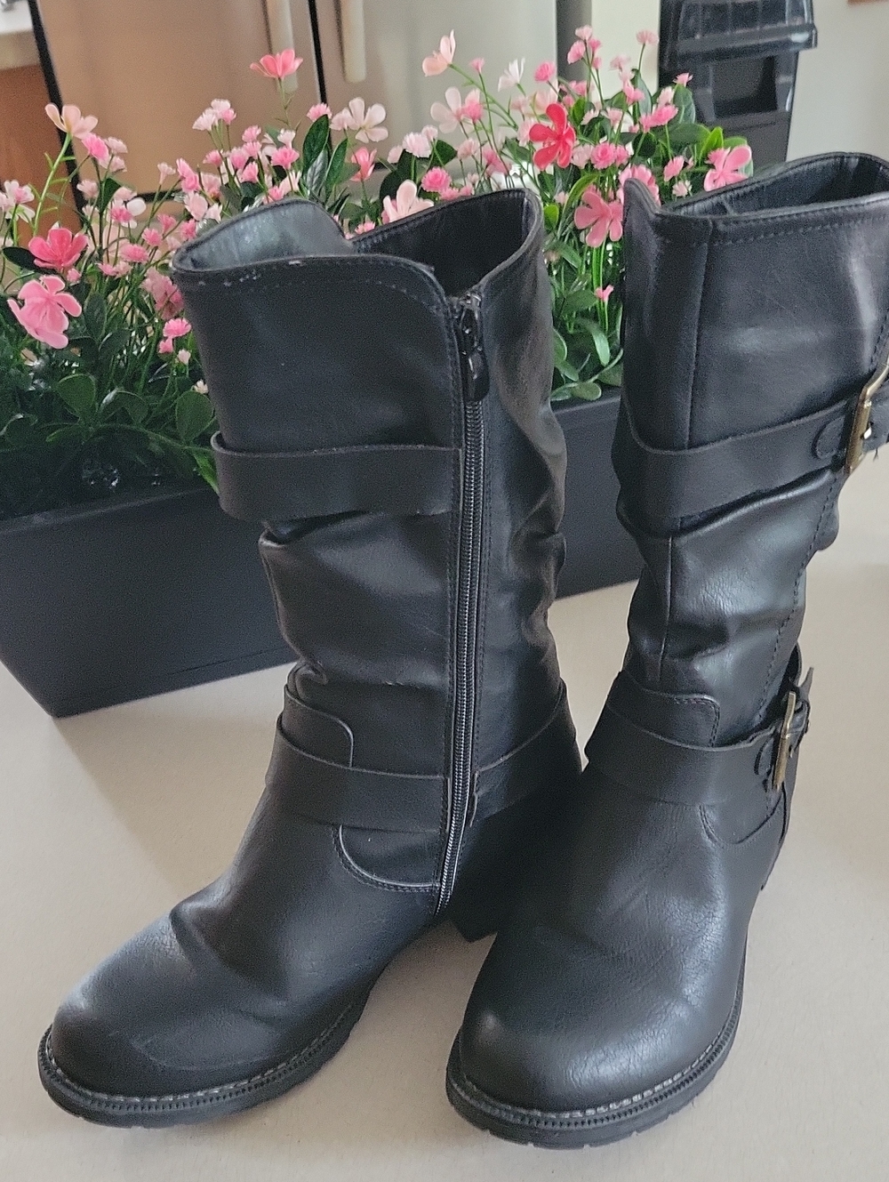 Global Win Black Mid-Calf Lace-Up Buckle Boots